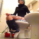 A short-haired brunette girl with dyed highlights sits down on a toilet. Multiple plops and pissing is clearly heard. She wipes when finished. There is technical glitch at the beginning of the clip, but no poop action is missed. About 3.5 minutes.